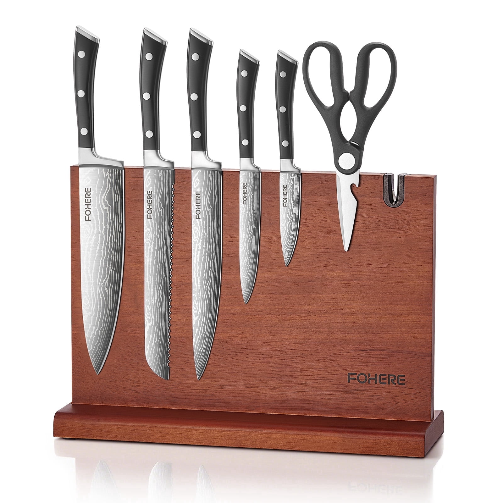 FOHERE Kitchen Knife Set with Magnetic Knife Holder and Sharpener, 7 Pieces Ultra Sharp Chef Knife Set with Ergonomic Handle,  High Carbon Stainless Steel Knives Set for Kitchen