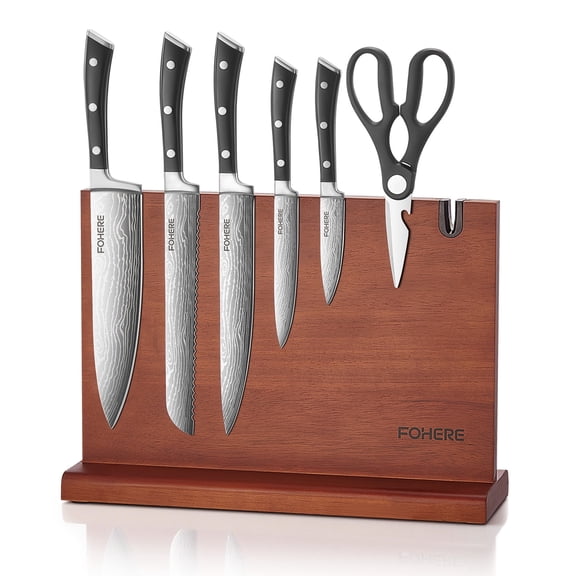 FOHERE Kitchen Knife Set with Magnetic Knife Holder and Sharpener, 7 Pieces Ultra Sharp Chef Knife Set with Ergonomic Handle, High Carbon Stainless Steel Knives Set for Kitchen