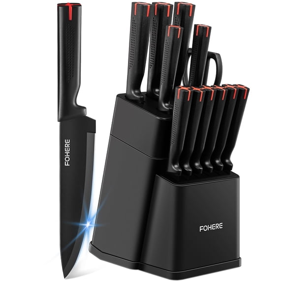FOHERE Knife Set with Block 13 Pieces Stainless Steel Knive Sets for Kitchen with Built-in Sharpener Sharp Black Kitchen Knife Block Set with Anti-slip Handle,Black