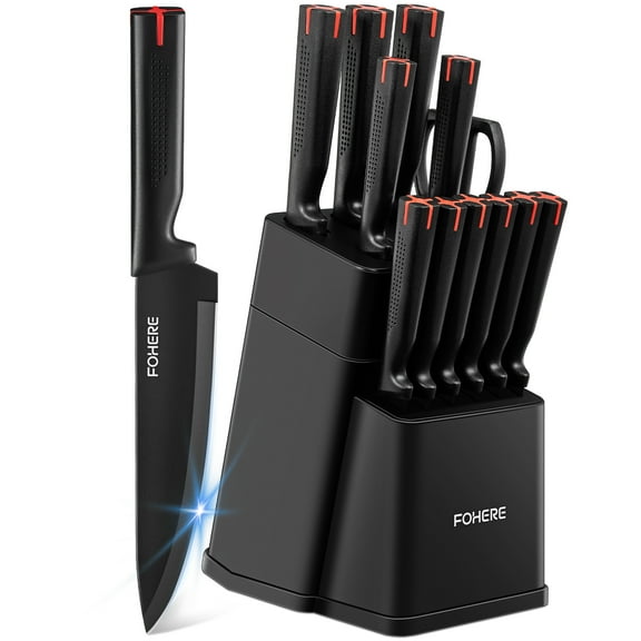FOHERE Knife Set with Block  13 Pieces Stainless Steel Knive Sets for Kitchen with Built-in Sharpener Sharp Black Kitchen Knife Block Set with Anti-slip Handle,Black