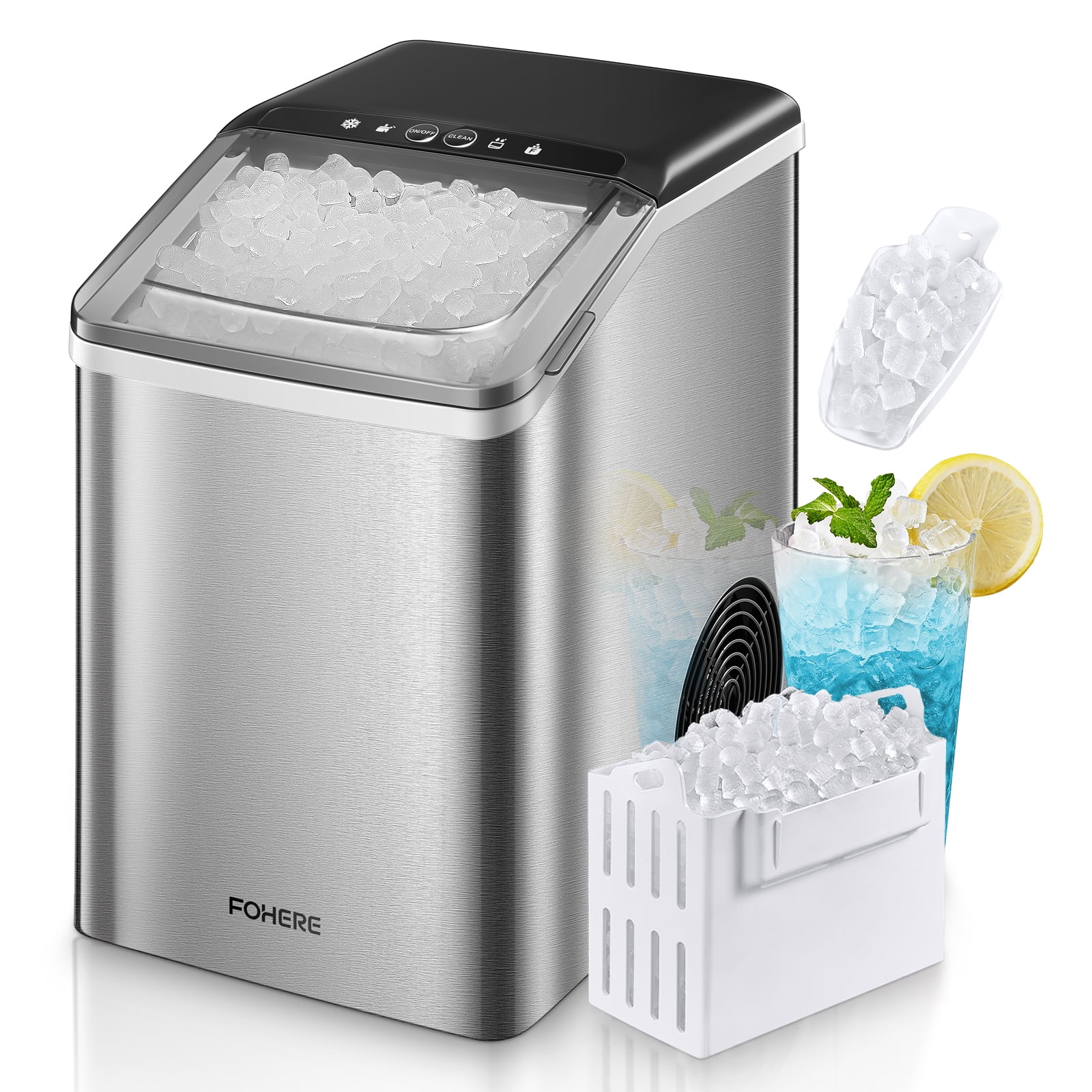 FOHERE Nugget Ice Maker Countertop, 38 Lbs In 24Hrs, Chewable Pellet Ice Cubes, Self-Cleaning Ice Machine, Stainless Steel Housing, Portable Ice Maker Machine With Ice Scoop & Basket For Home/Kitchen Sansujyuku sansujyuku.com