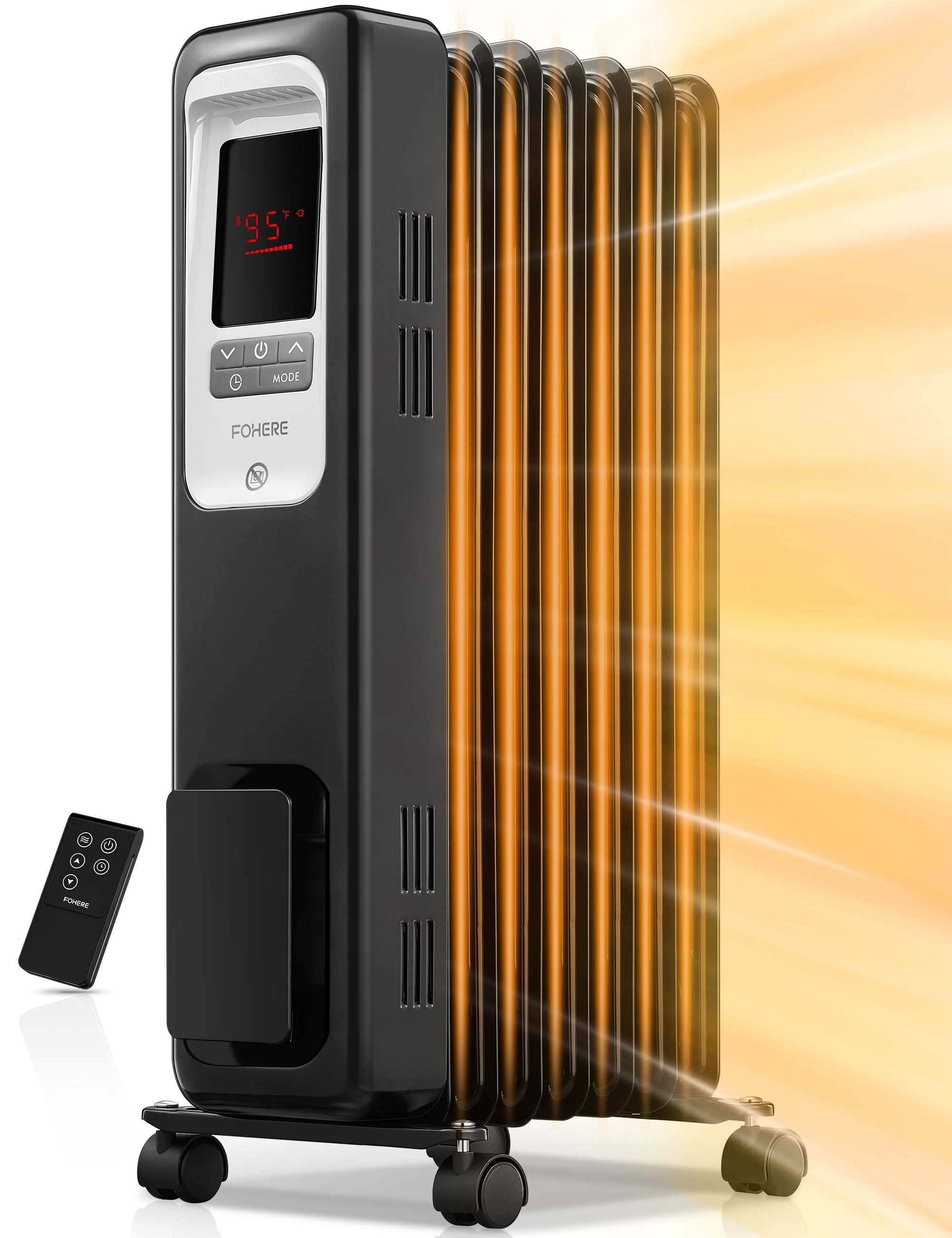 FOHERE Oil Filled Radiator Heater for Indoor Use Large Room, Safe with Thermostat, 1500W Quiet Energy Efficient Space Heater with Remote, 4 Modes, 24H Timer, Overheat Protection, Black