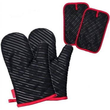 FOHERE Oven Mitts and Pot Holders Set Black Silicone Cotton Oven Mitts (4 Count)