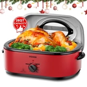 FOHERE 26 Quart Electric Roaster Oven with Visible & Self-Basting Lid, Large Turkey Roaster with Defrost Warm Function, Adjustable Temperature, Removable Pan Rack, Stainless Steel, Red