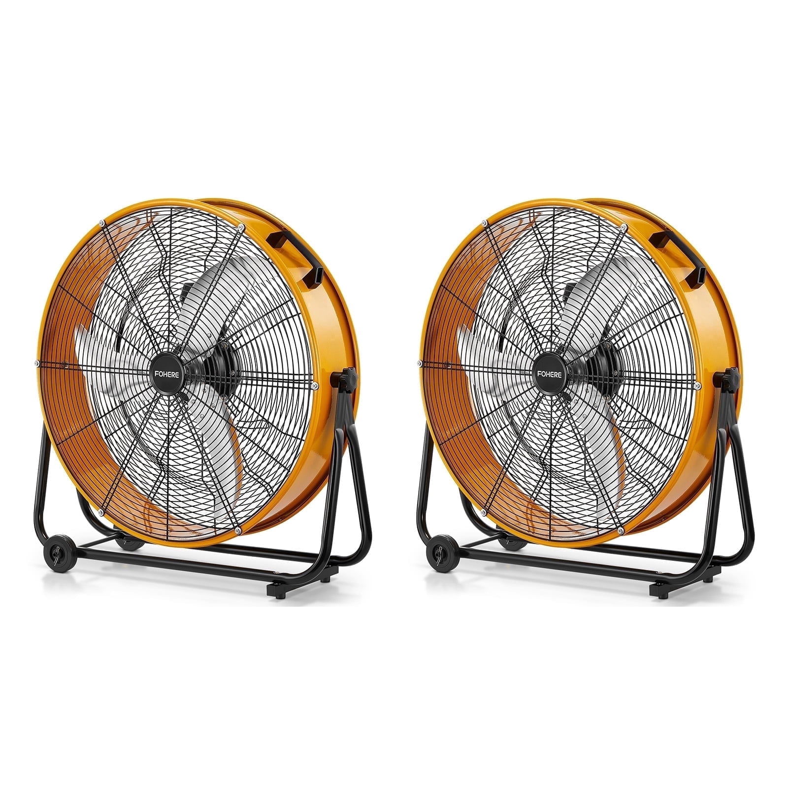 FOHERE 2PCS 24 Inch High Velocity Industrial Drum Fan, 8100 CFM Heavy Duty Metal Floor Fan with Wheels, 360° Tilt 3-Speed Shop Fan, Portable Barn Fan with Wide Handle for Warehouse, Garage, Factory