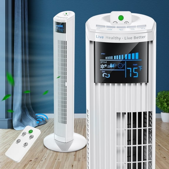 FOHERE Tower Fan, 36" Oscillating Tower Cooling Fan with Remote Control, 12-Hour Timer and Sleep Mode, Portable Stand-up Floor Bladeless Fan (White)