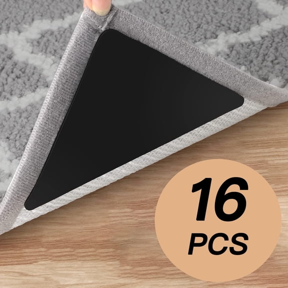 FOIDEV 16 Pcs Rug Tape, Non Slip Rug Pads Grippers for Hardwood Floors and Tiles, Reusable Carpet Tape for Area Rugs, Double-Sided Adhesive Rug Stickers Keep Corners Flat, Black