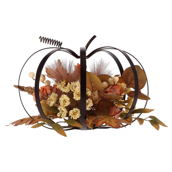 Metal Pumpkin Tabletop Decoration with Foliage and Berries, Multicolor, 8", Fall by Way To Celebrate