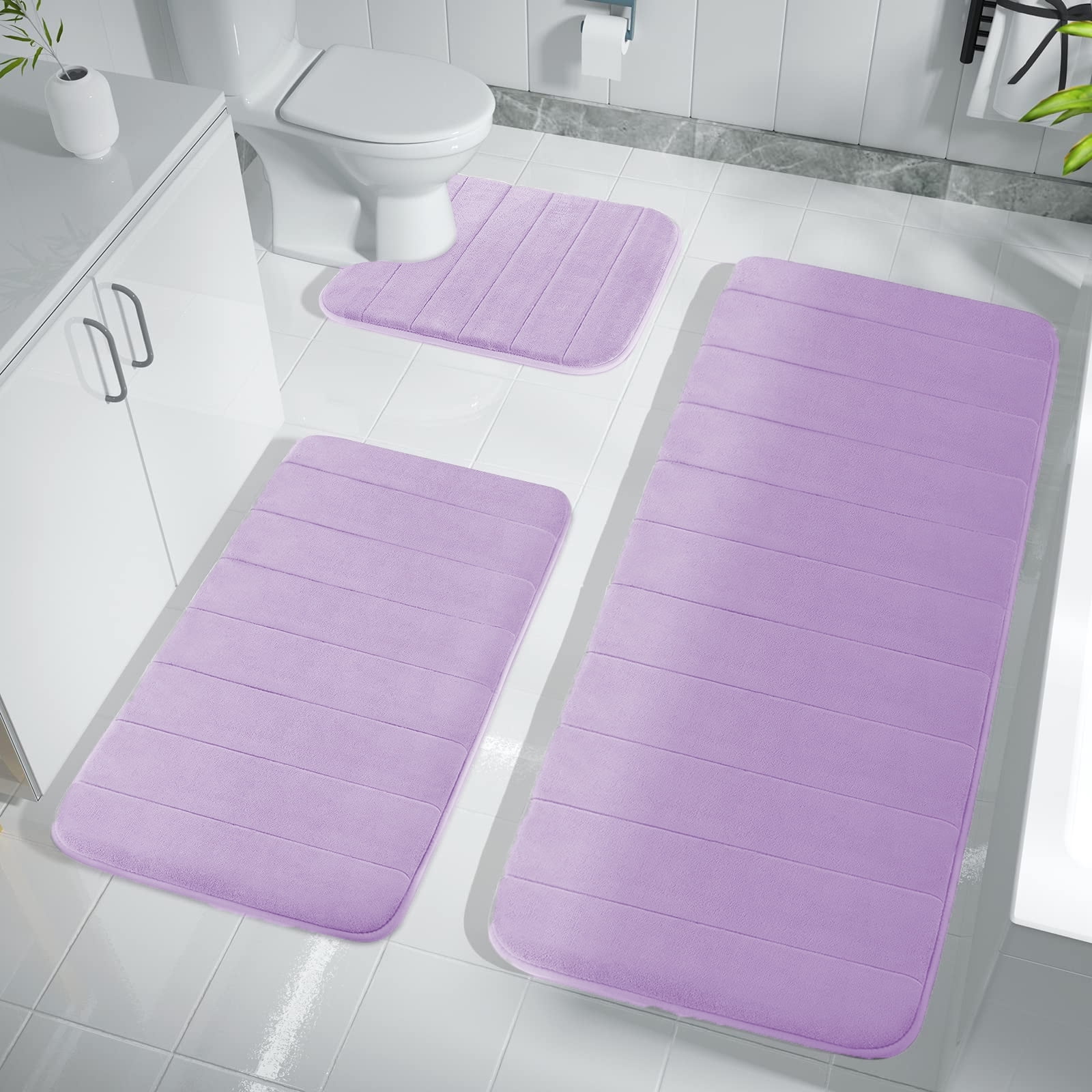 FOINWER 3pc Bath Mat Set, NonSlip, Absorbent, Mauve, Oversize