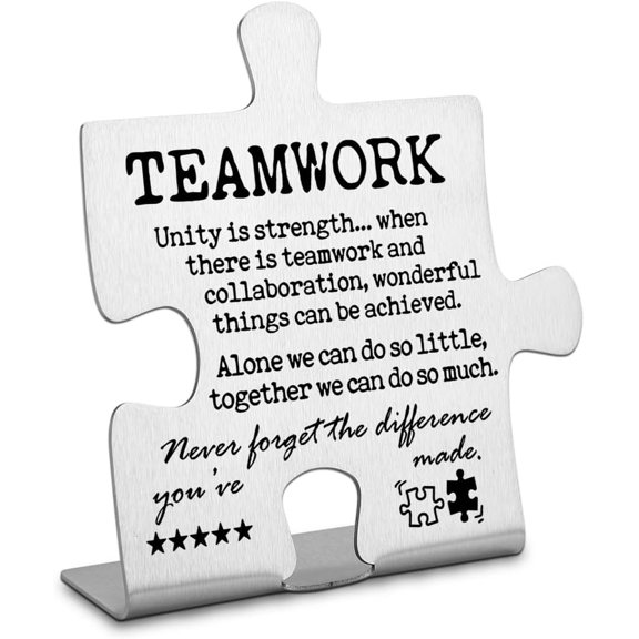 FOKCBOCM Teamwork Sign, 3.9in x 1in Silver Metal Rectangular Tabletop Decorative Signage for Team Gifts, Employee Appreciation, Workplace Positivity, Versatile Occasions