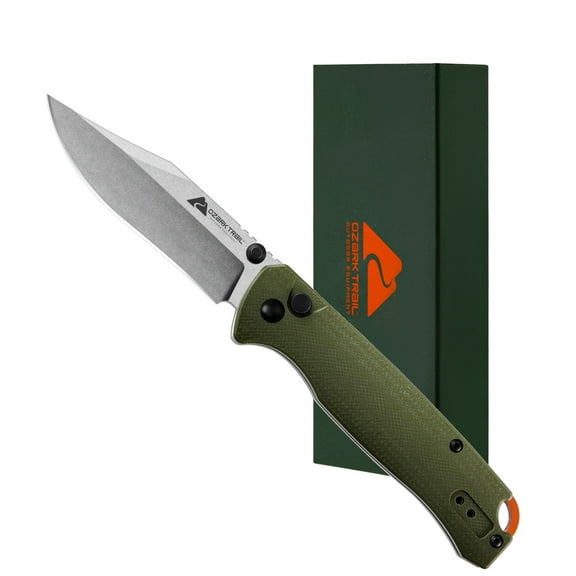 Ozark Trail 7.5 inch Button Lock Folding Knife with 3.25" 12C27 Blade,G10 Handle,Lanyard Hole