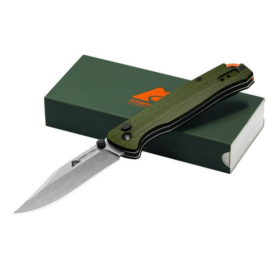 Ozark Trail 7.5 inch Button Lock Folding Knife with 3.25" 12C27 Blade,G10 Handle,Lanyard Hole