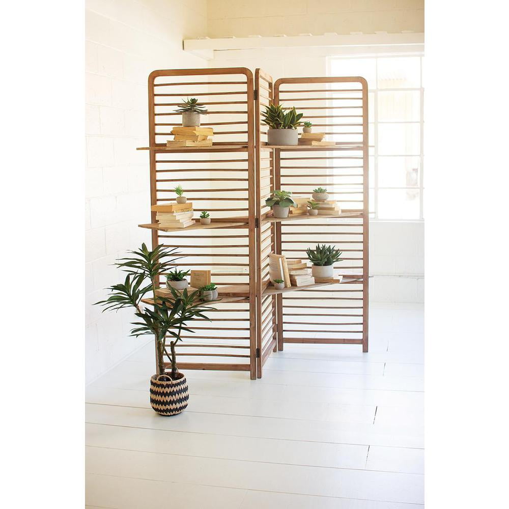 Brown Wooden Folding Screen with Three Shelves