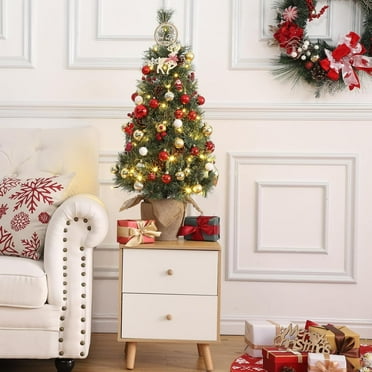 FOLDLIFE 2 Pcs 3ft Pre-Lit Small Artificial Christmas Tree with Burlap Base, Mini Xmas Tree with Flocked Snow 78 White LED Lights,Pine Cones,Red Berries and Snowflake