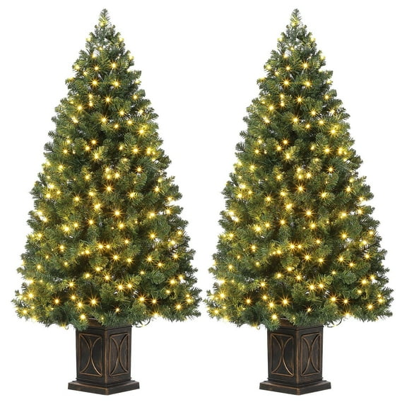 FOLDLIFE 2Pcs 4.5ft Artificial Fiber Optic Christmas Tree with 300 LED Lights and 8 Lighting Modes,Pre-Lit Artificial Potted Xmas Tree with Metal Hinges and Black Base