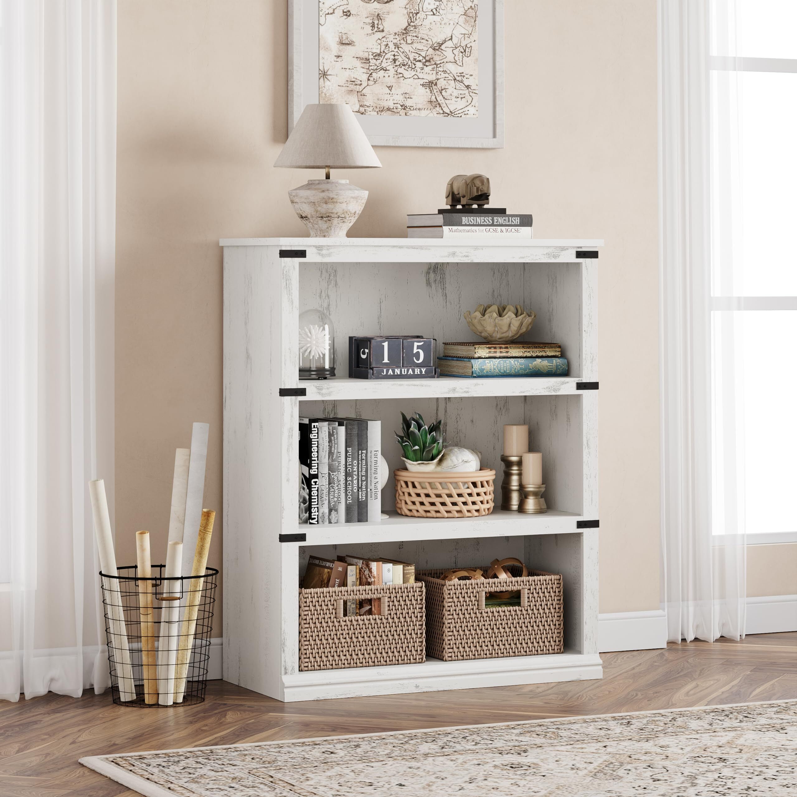 FOLDLIFE 3 Tier Bookcase, 40" Low Bookcase with Storage Open Display Bookshelves, Wooden Book Shelves Home Decor Furniture for Home Office,White