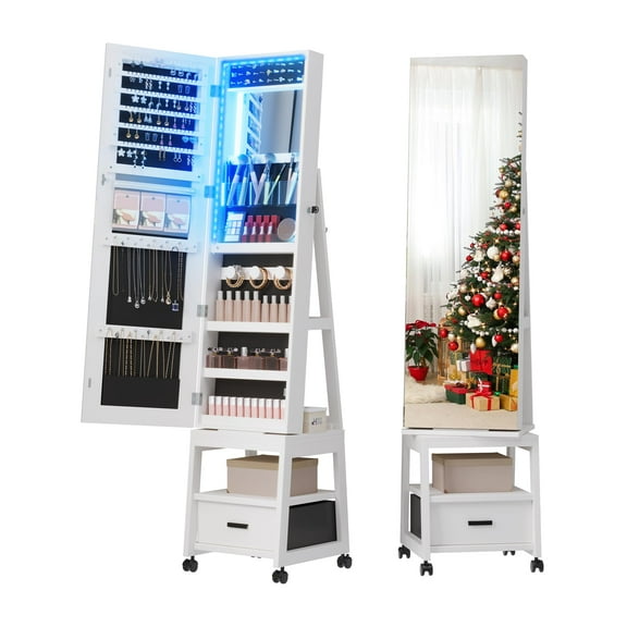 FOLDLIFE 360° Swivel Lockable Jewelry Armoire, Standing Organizer with LED Lights, Makeup Mirror, Rotatable Full-Length Mirror, Drawer