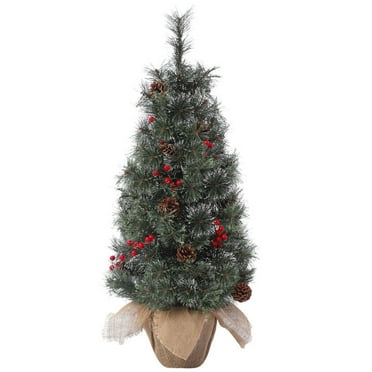FOLDLIFE 3ft Mini Pre-Lit Christmas Tree, Artificial Tabletop Snow Flocked Christmas Trees, Small Potted Xmas Tree with 78 LED Lights, Burlap Base, Red Berries and Pine Cones