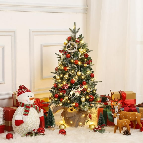 FOLDLIFE 3ft Pre-Lit Fiber Optic Christmas Tree with Red Berries and Burlap Base, Artificial Small Tabletop Artificial Tree with 85 Warm White Led Lights and 8 Lighting Modes