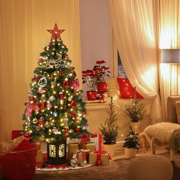 FOLDLIFE 4.5ft Artificial Fiber Optic Christmas Tree with 300 LED Lights and 8 Lighting Modes, Pre-Lit Christmas Tree with Metal Hinges and Antique Urn Base