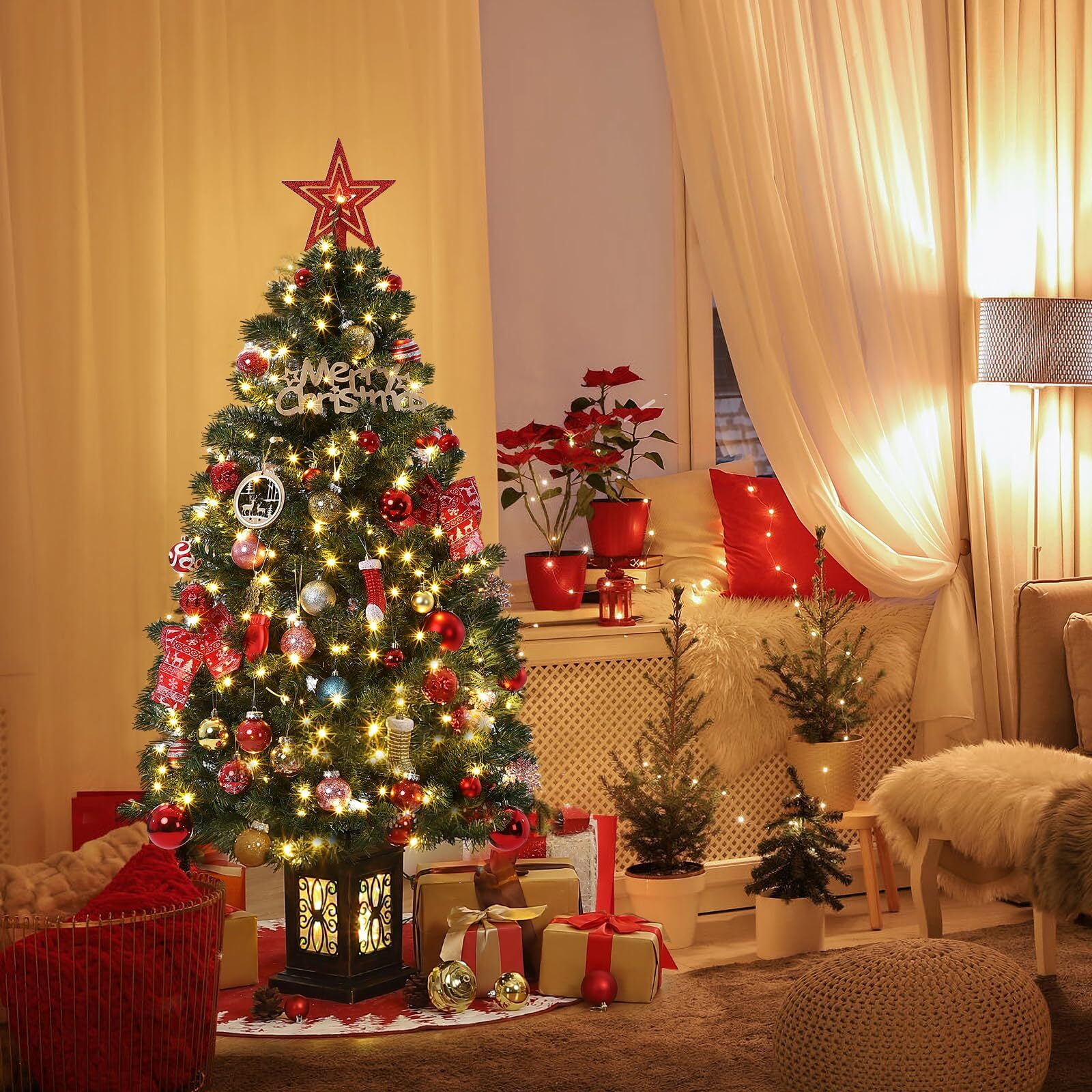 4.5ft Pre-Lit Fiber Optic Christmas Tree with LED Lights and Antique Base