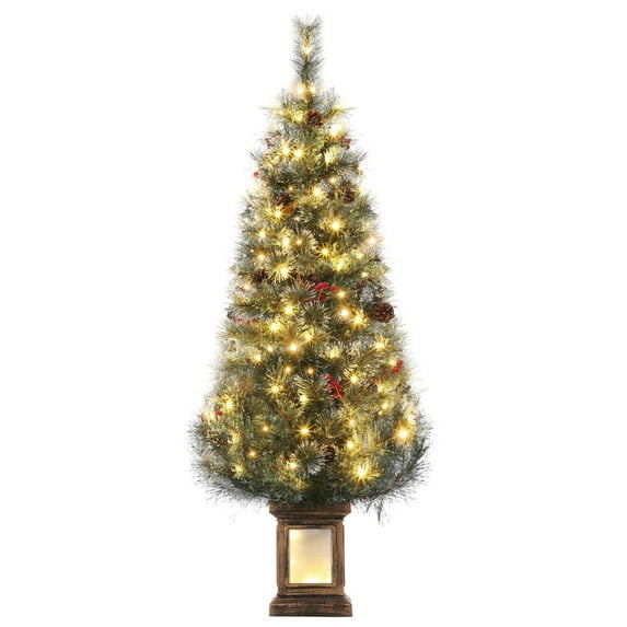 FOLDLIFE 4.5ft Pre-Lit Artificial Christmas Tree for Party Decoration, Christmas Tree with 108 Warm White LED Lights, Hinged Branches, Red Berries, and Vintage Potted Base, Ideal Christmas Decor