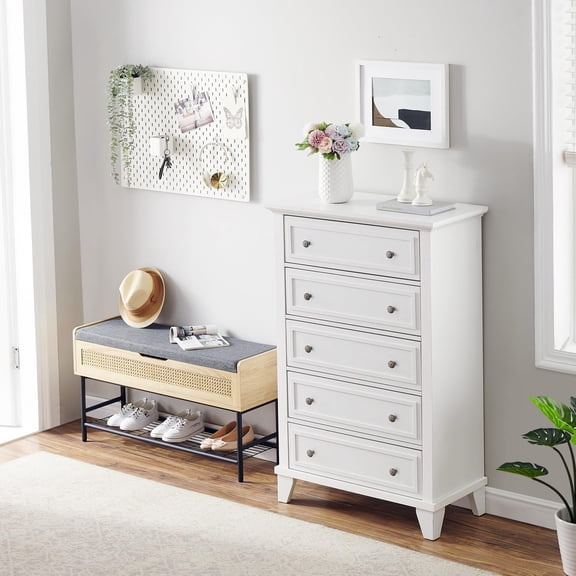 FOLDLIFE 5 Drawer Dresser for Bedroom,Chest of Drawers Closet with Metal Handle,Storage Organizer Dresser,Vintage Tall Dresser,Oak White