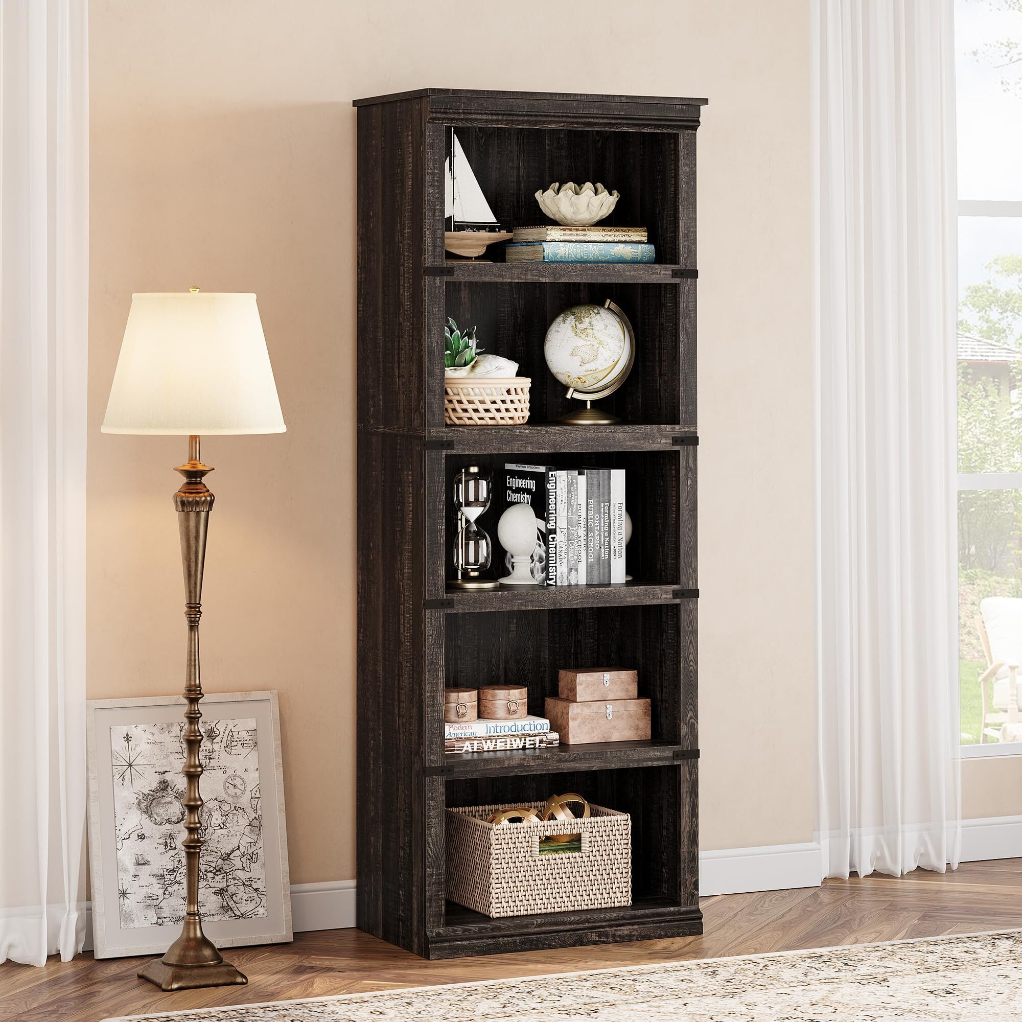 FOLDLIFE 5 Tier Bookcase, 67.4" Tall Farmhouse Bookcase with Storage Open Display Bookshelves, Wooden Book Shelves Home Decor Furniture for Home Office,Oak
