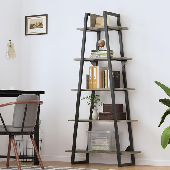 FOLDLIFE 5 Tier Narrow Ladder Bookshelf, Tall Open Bookcase with Steel Frame, Industrial-Style Storage Shelves for Living Room, Bedroom, and Kitchen