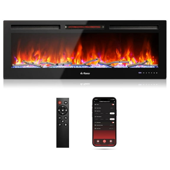 FOLDLIFE 50” Smart WiFi Infrared Electric Fireplace with Special Feature Led Flame, 1500W Quartz Heater, Recessed or Wall Mounted, Adjustable Flame Effects, Remote Control