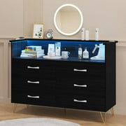 FOLDLIFE 6 Drawer Double Dresser, 49.1'' Wood Storage Side Cabinet Chest of Drawer for Bedroom Living Room, Black