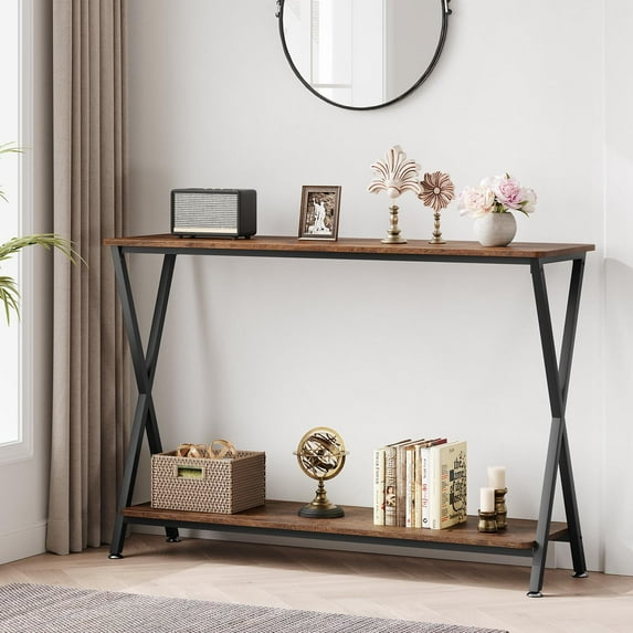 FOLDLIFE Brown Slim Console Table with Storage,Wood 2-Tier Industrial Design Entryway Console Table,Narrow Sofa Table with Open Storage Shelf for Living Room, Hallway and Foyer