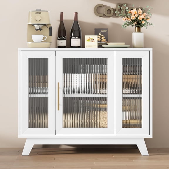 FOLDLIFE Buffet Cabinet with Storage,36'' Sideboard Cabinet with Fluted Glass Door and Adjustable Shelf,Accent Cabinet with Wood Feet,Coffee Bar Cabinet,White