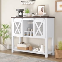 FOLDLIFE Buffet Storage Cabinet with Shelves and Wine Glass Rack,Farmhouse Coffee Bar Cabinet with Sliding Barn Doors,for Hallway, Entrance, Living Room, Dining Room, Kitchen,White Brown