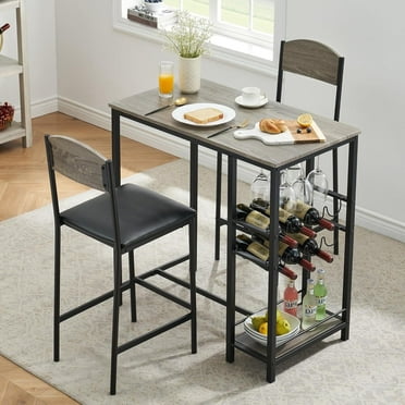 FOLDLIFE Dining Table Set for 2,Kitchen Table Set with 2 Upholstered Chairs,Bar Table and Chairs with Storage Shelf and Wine Rack,Table Set for Small Space, Apartment,Grey