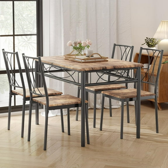 FOLDLIFE Dining Table Set for 4, 5-Piece Dining Table Set,Kitchen Square Table and Chairs Set with MDF Cushion for Small Space, Apartment, Rustic Brown