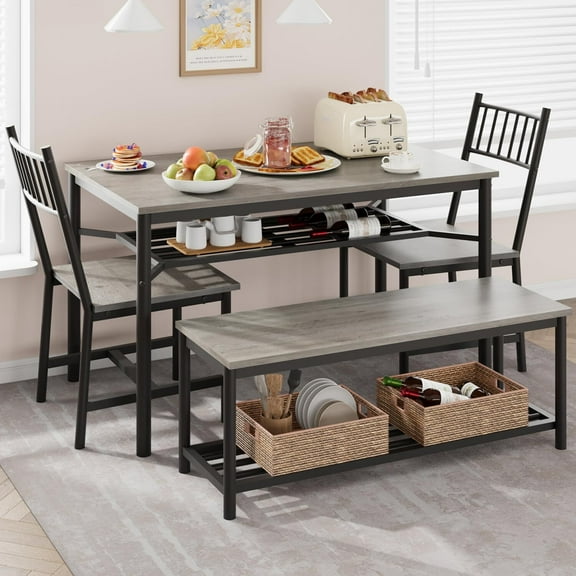 FOLDLIFE Dining Table Set for 4, Rectangle Bench Kitchen Table Set ,Kitchen Table with Two Chairs with Storage Stools, Kitchen Table Set with Wine Rack,Grey
