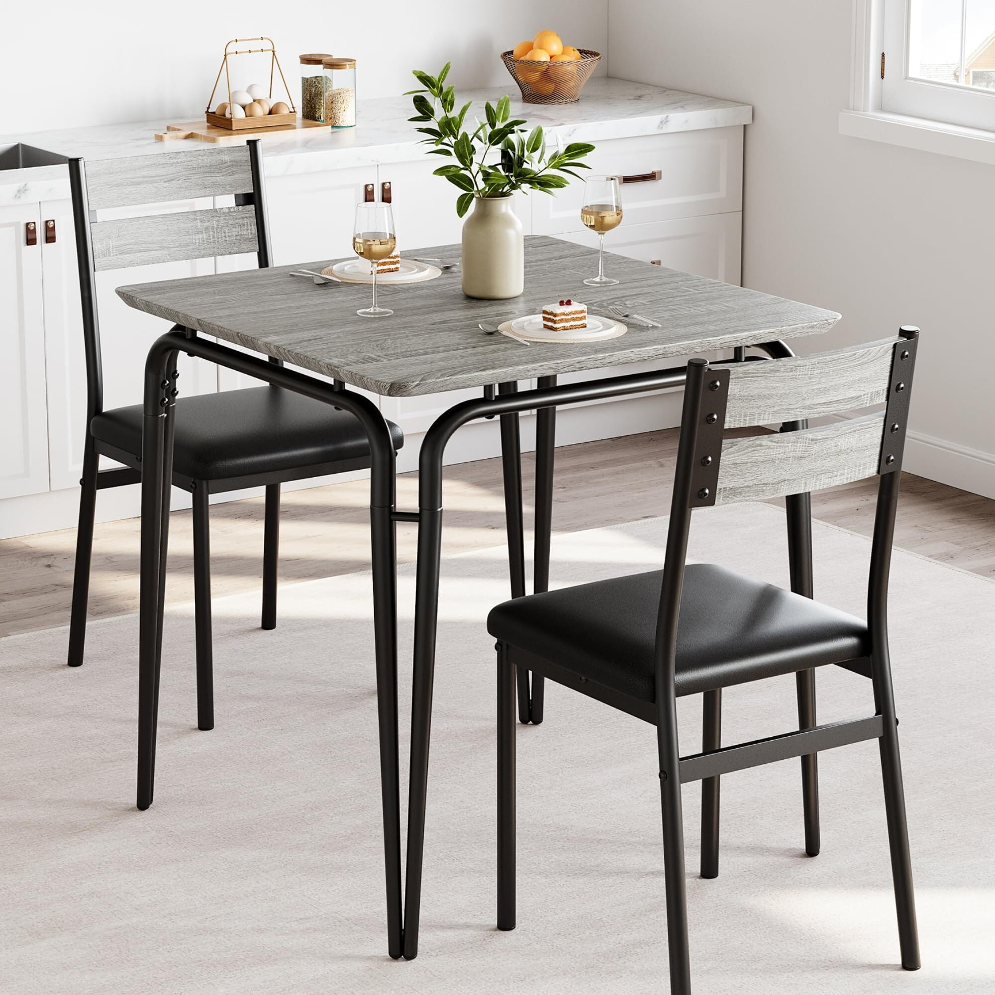 Modern Square Dining Set with Cushioned Chairs, Black Metal and MDF