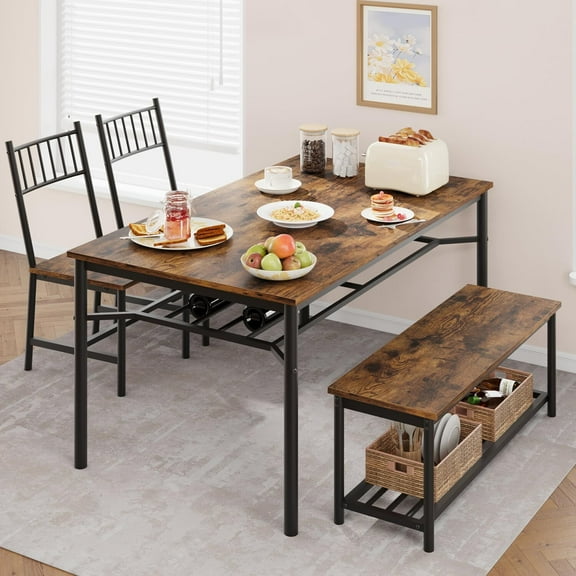 FOLDLIFE Dining Table Set for 4 with Wine Rack, Rectangular Kitchen Table and Sturdy Bench for Small Spaces, Apartments, and Studios, Brown