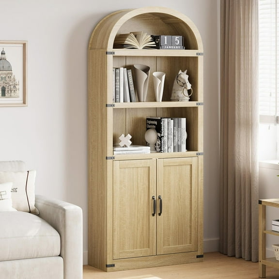 FOLDLIFE Farmhouse Bookcase,71.65" Arched Cabinet,5-Tier Arched Bookcase with Doors and Shelves,Arched Bookshelf with Storage,for Living Room, BedRoom,Kitchen,Natural