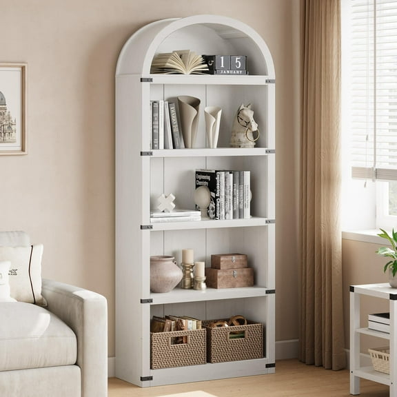 FOLDLIFE Farmhouse Bookcase,71.65" Arched Cabinet,5-Tier Arched Bookcase with Shelves,Arched Bookshelf with Storage,for Living Room, BedRoom,Kitchen,White