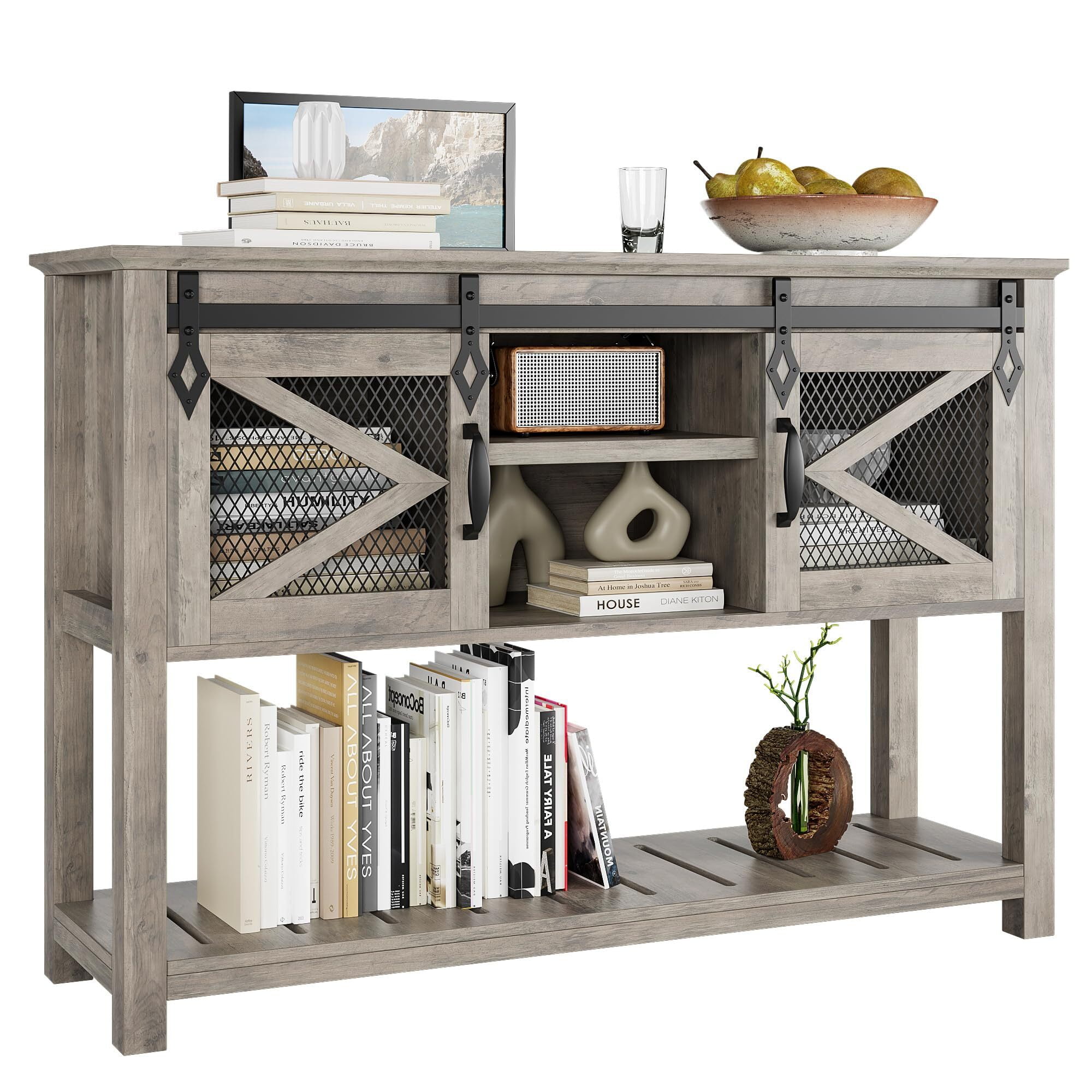 FOLDLIFE Farmhouse Table with Sliding Barn Doors, Stylish Console Table