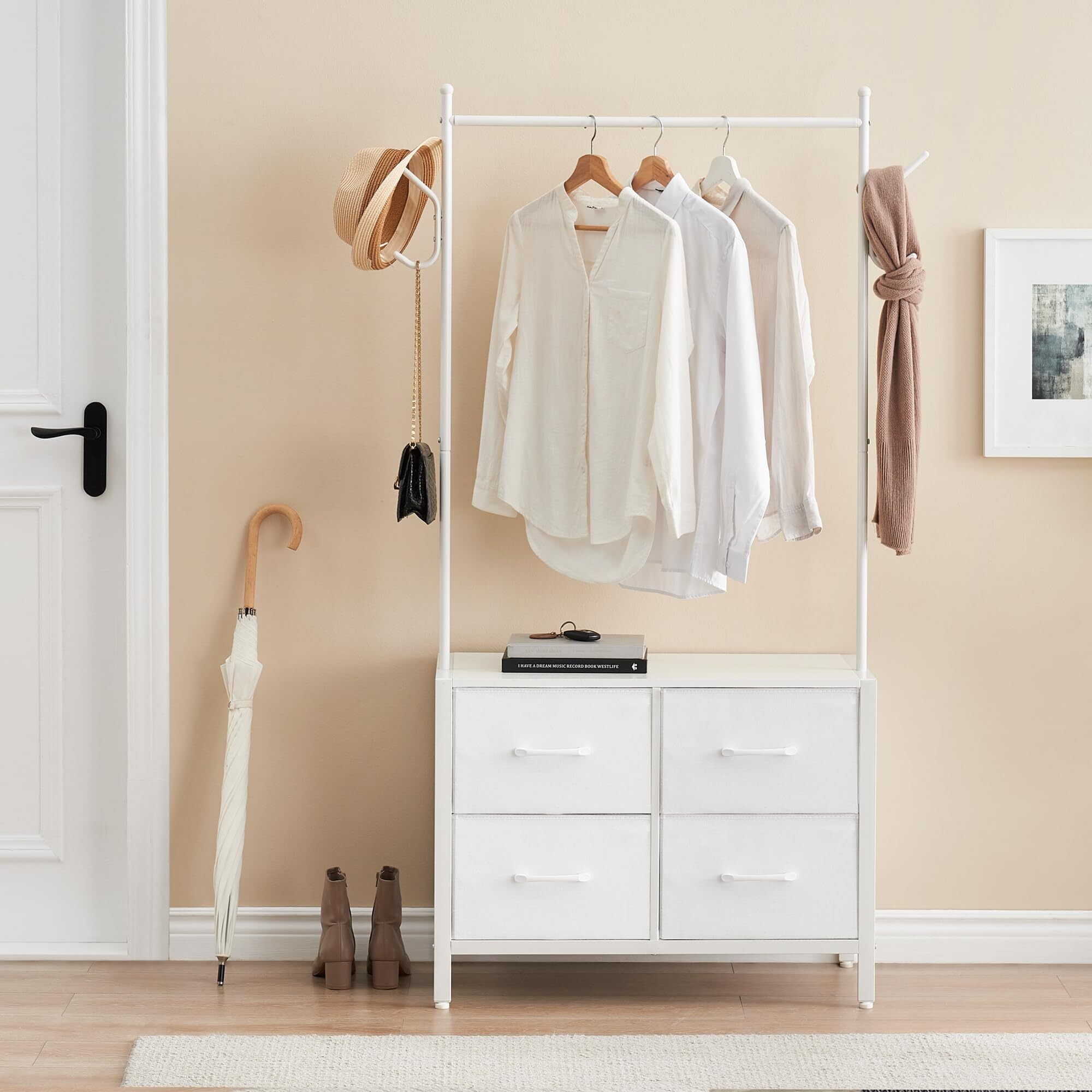 White Freestanding Closet Organizer with 4 Drawers and Hooks