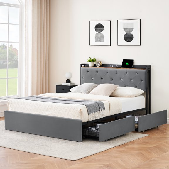 FOLDLIFE Full Bed Frame, Storage Headboard with Charging Station, Solid and Stable, Noise Free, No Box Spring Needed, Easy Assembly
