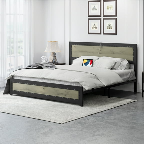 FOLDLIFE Full Size Bed Frame with Headboard, Industrial Platform Bed Frame with Charge Station, No Box Spring Needed, Easy to Assemble, Wooden Mattress Foundation, Washed gray.