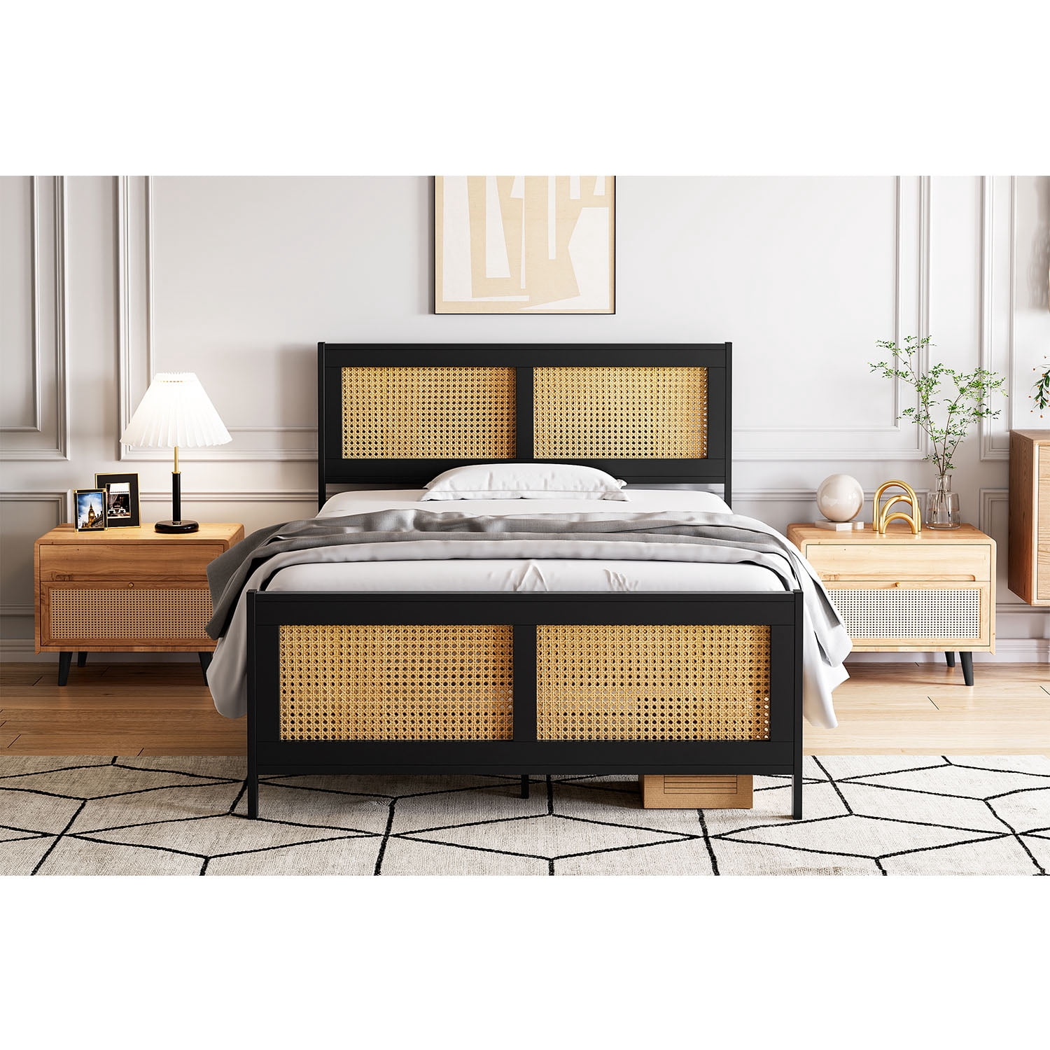FOLDLIFE Full Size Bed Frame with Black Rattan Headboard and Footboard ...