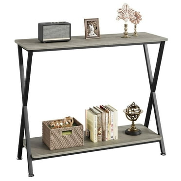 FOLDLIFE Grey Slim Console Table with Storage，Wood 2-Tier Industrial Design Entryway Console Table,Narrow Sofa Table with Open Storage Shelf for Living Room, Hallway and Foyer