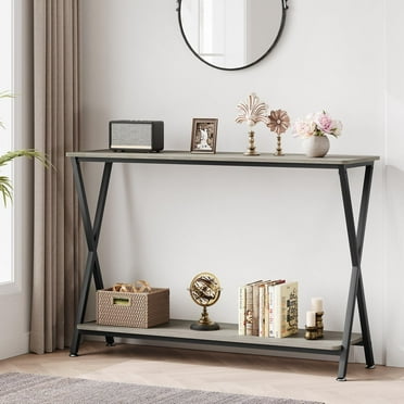 FOLDLIFE Grey Slim Console Table with Storage，Wood 2-Tier Industrial Design Entryway Console Table,Narrow Sofa Table with Open Storage Shelf for Living Room, Hallway and Foyer