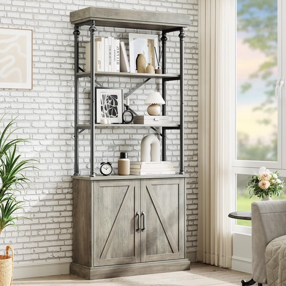 FOLDLIFE Industrial Tall Bookshelf,73.62"Tall Farmhouse Bookcase Storage Cabinet with 2 Doors,4-Tier Kitchen Pantry Storage Cabinet with Shelves,for Dining Room, Bathroom,Living Room,Grey