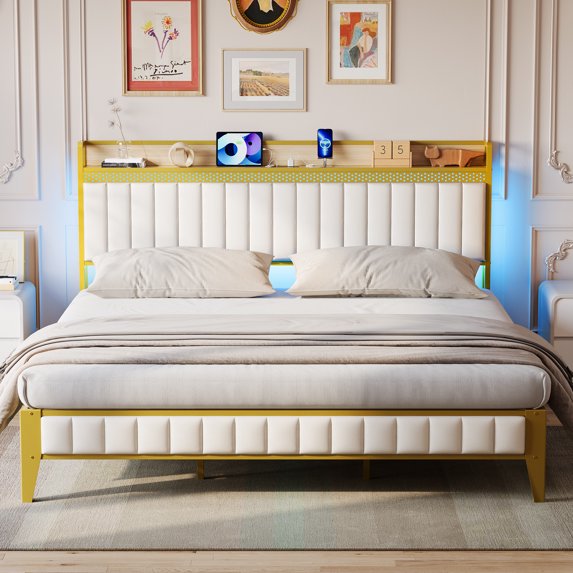 FOLDLIFE King Bed Frame with Charging Station, LED Bed Frame with Storage Headboard, Upholstered Platform Bed Frame, No Box Spring Needed, Easy Assembly, White&Gold